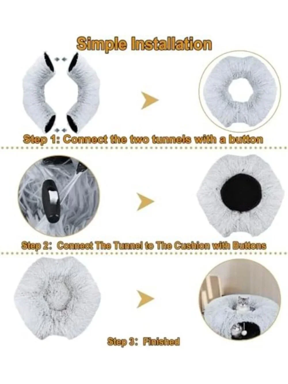 Cozy Cat Tunnel Bed with Washable Cushion - Cute Round Pet Play Toy for Kittens